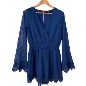 Lulus Royal Blue Swiss Dot Lace Bell Sleeve Romper Size Medium
